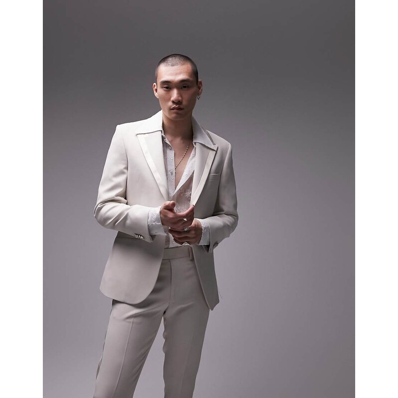 Topman single breasted slim tux jacket with tipping in stone