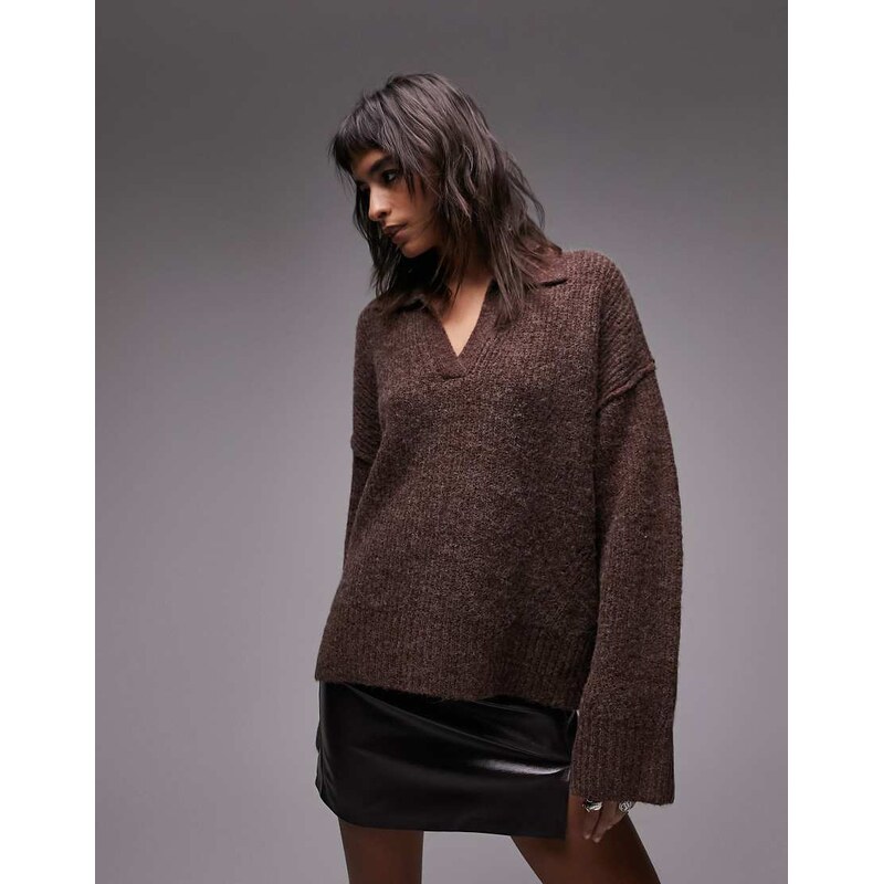 Topshop knitted v-neck collared chuck on jumper in dark brown
