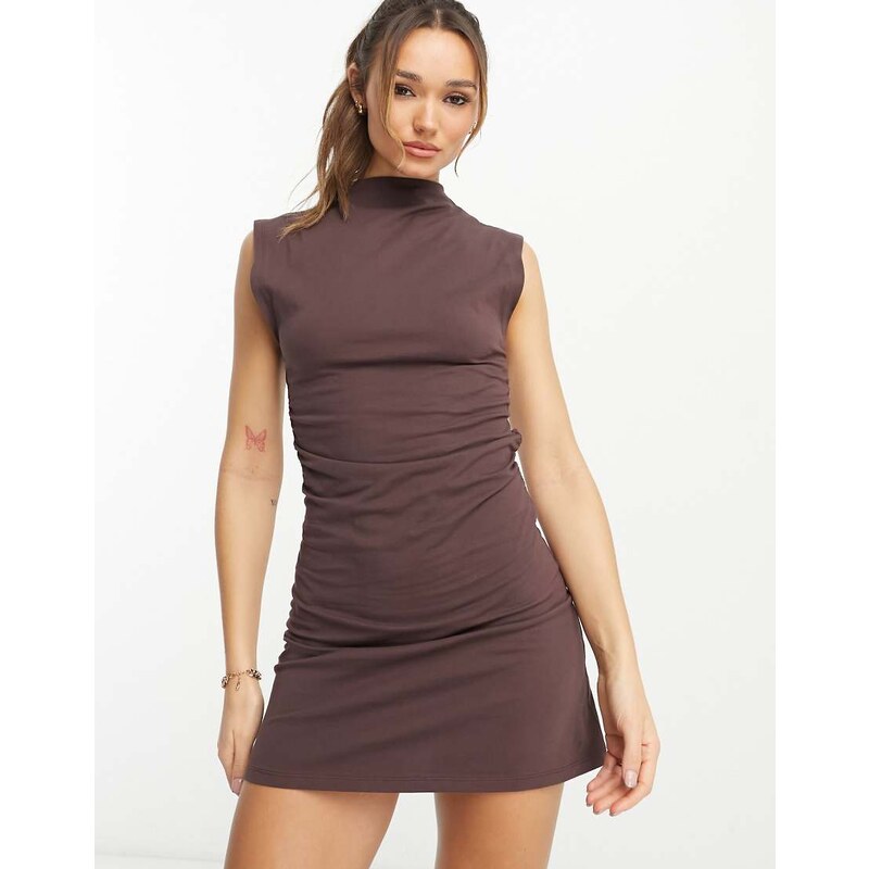 ASOS DESIGN grown on neck mini dress with ruched sides in chocolate 100053519