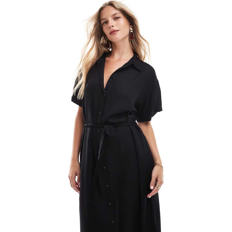 Vero Moda shirt midi dress with tie belt in black 100055204