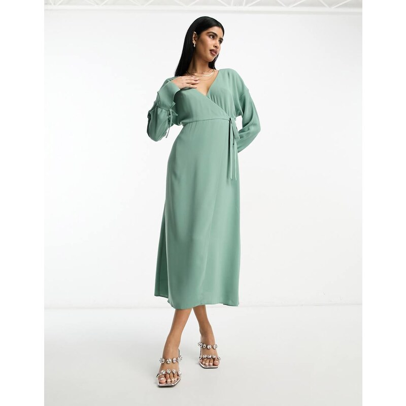 ASOS DESIGN wrap midi dress with tie cuff detail in sage green 100055349
