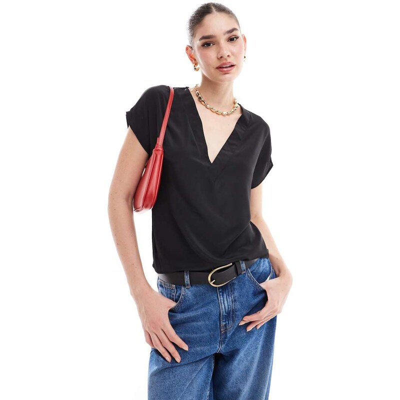ASOS DESIGN v-neck woven tee in black