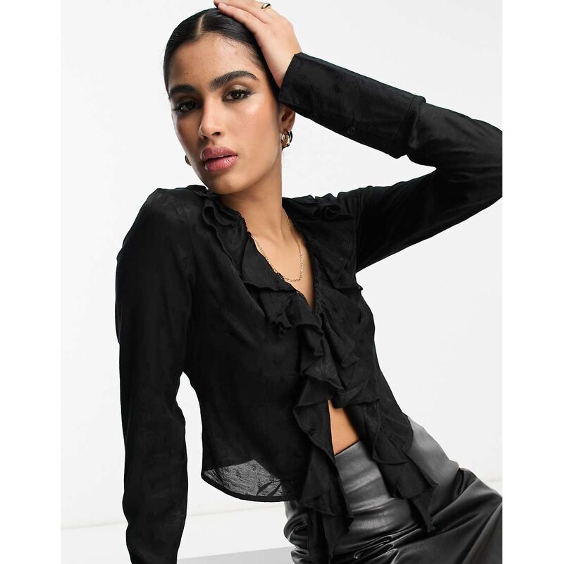NA-KD lace detail tie front top in black 106540381