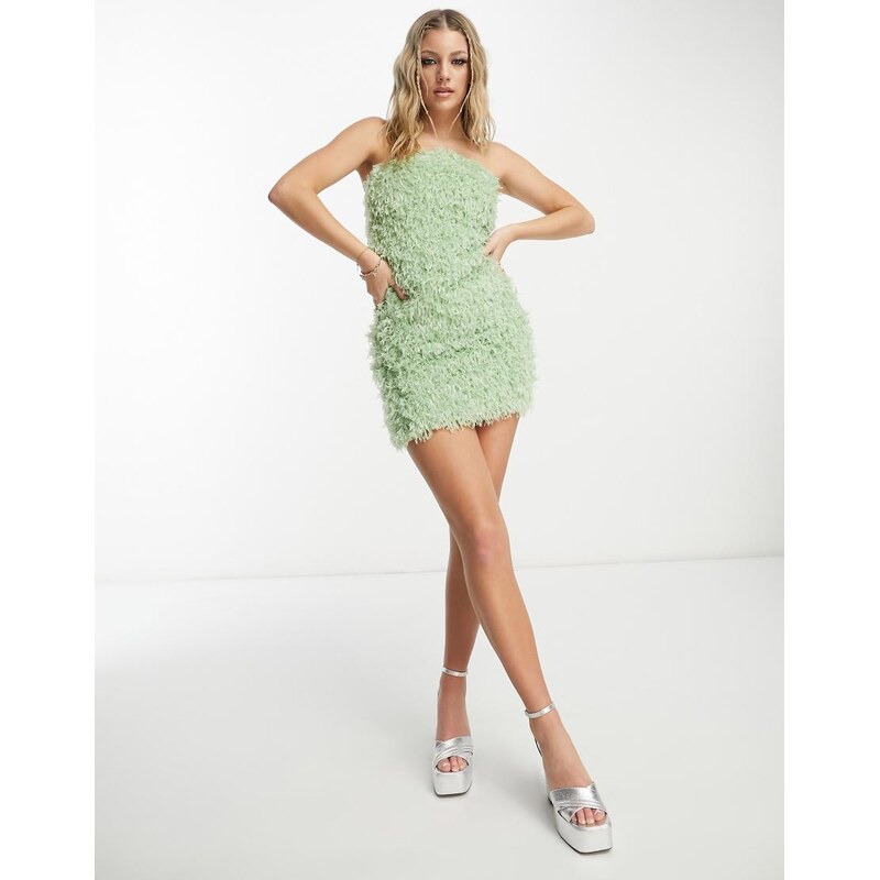 Pieces Premium faux feather bandeau mini dress in mint-Green 100055834