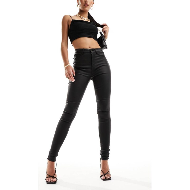 JDY high waisted coated skinny jeans in black