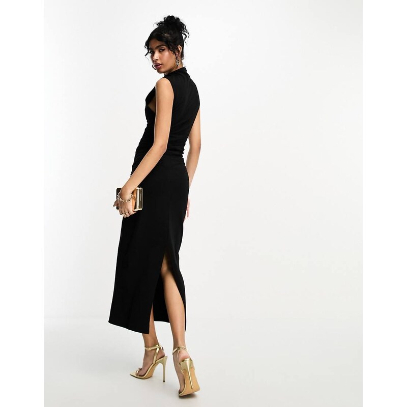 ASOS DESIGN grown on neck midi dress with ruched sides in black 100056505