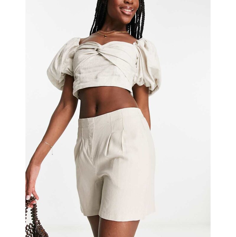 Vero Moda pleat front linen blend shorts in stone-Neutral
