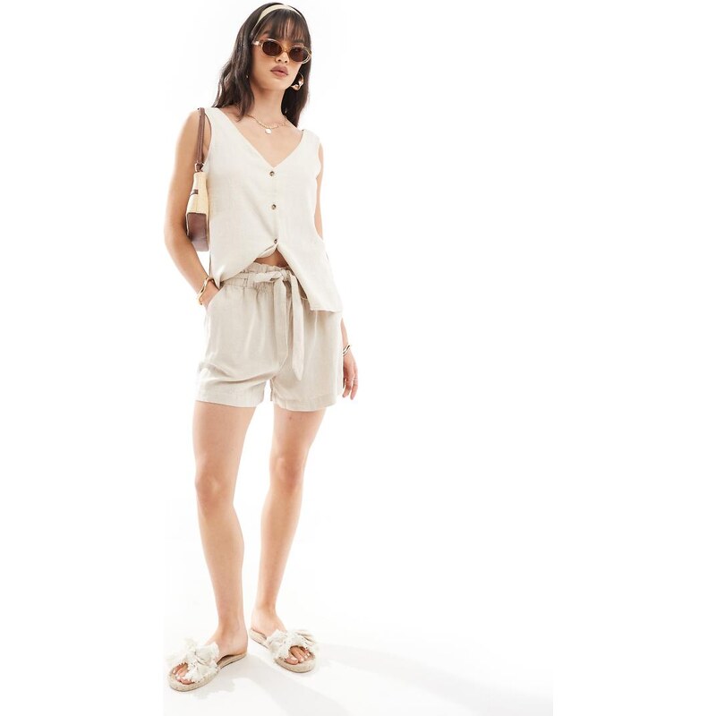 JDY tie waist linen shorts co-ord in stone-Neutral 113259770
