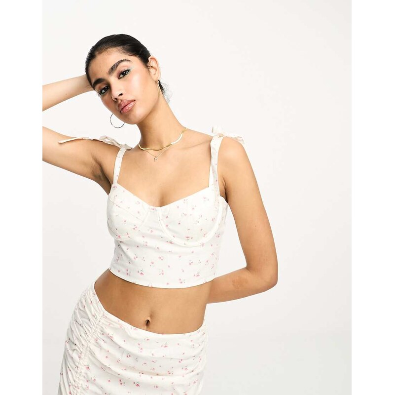 NA-KD co-ord cup detail tie strap crop top in pink tulip print