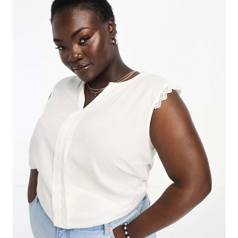 ONLY Curve v neck blouse with crochet trim in white