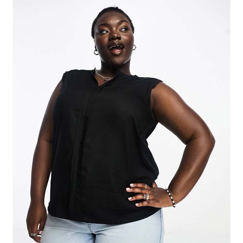 ONLY Curve v neck blouse with crochet trim in black 113259773