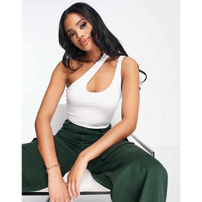 ASOS DESIGN strappy asymmetric cut out crop top in white