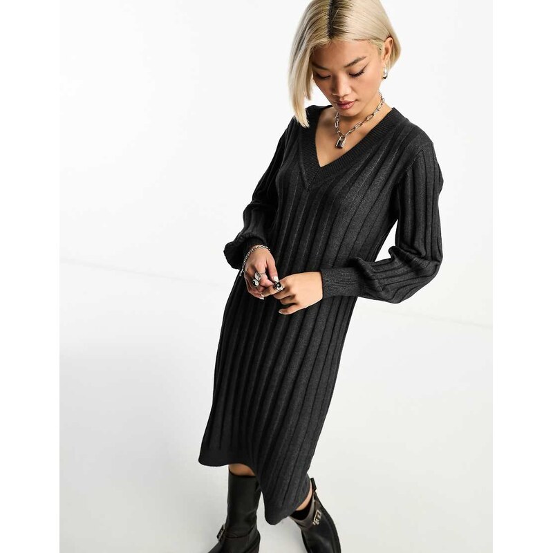 Object v neck knitted ribbed jumper dress in dark grey 100058971