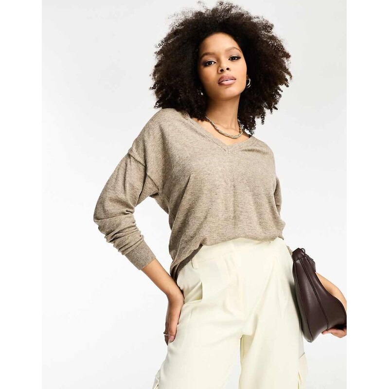 Object v neck jumper in fossil beige melange-Neutral 100058972