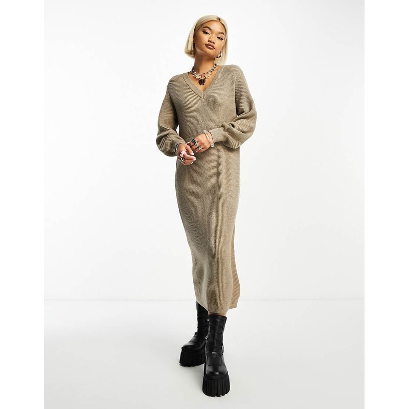 Object knitted v neck midi jumper dress with balloon sleeves in beige 100058975