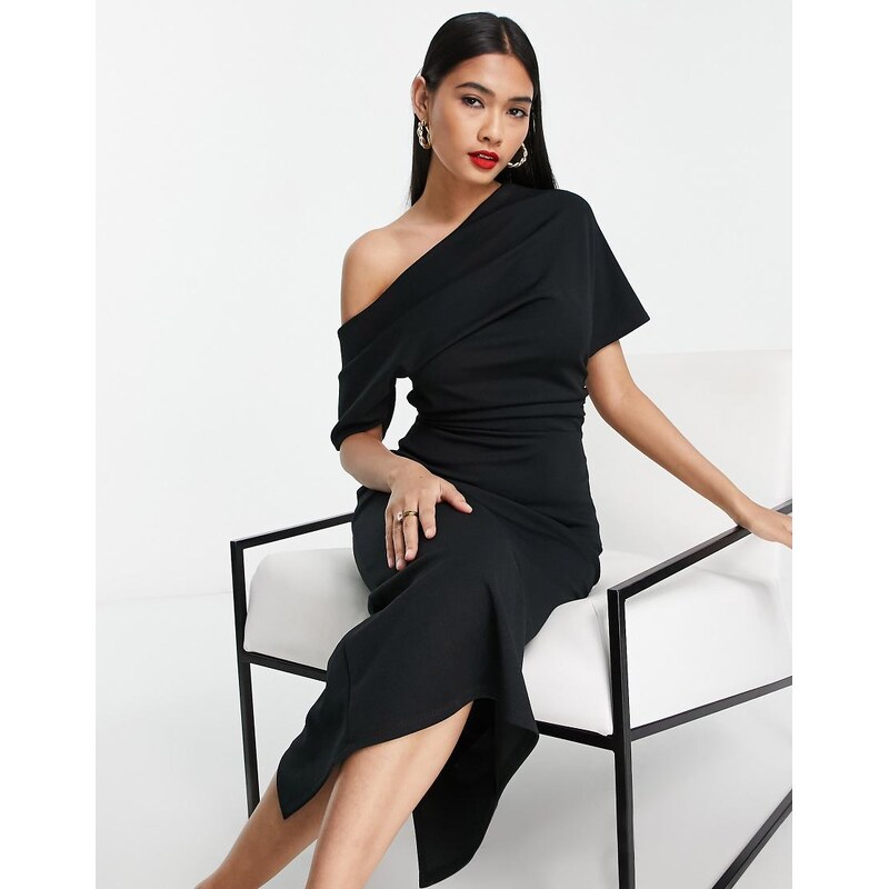 ASOS DESIGN pleated shoulder pencil midi dress in black