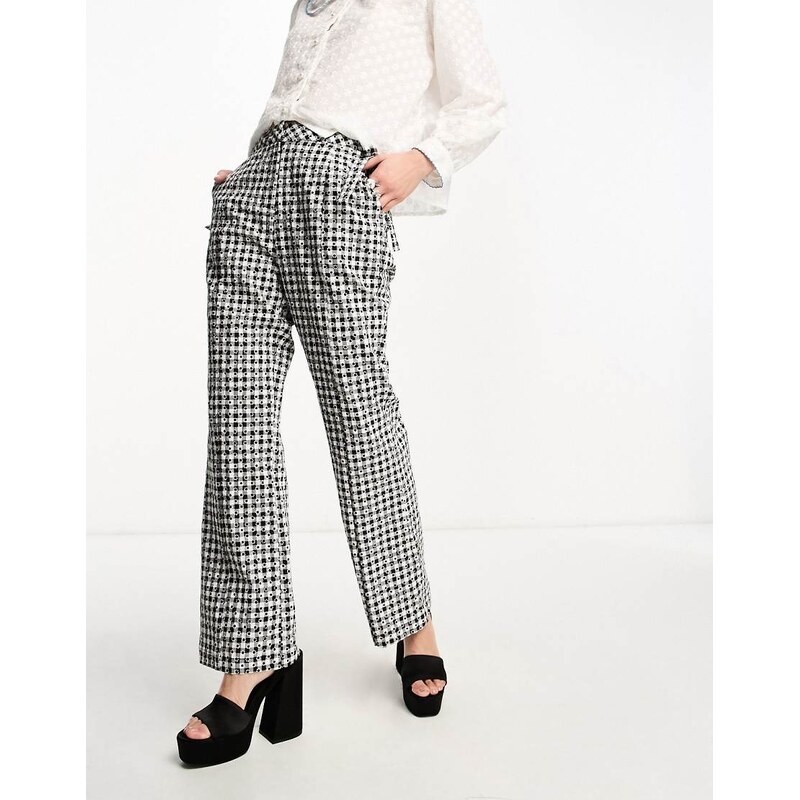 Sister Jane bow detail flared trouser co-ord in black gingham 107797240