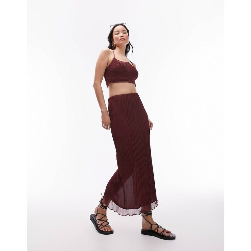 Topshop co-ord plisse straight midi skirt in maroon-Red