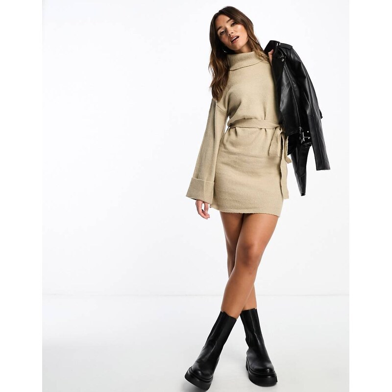 Vila roll neck mini jumper dress with tie waist in cream-White