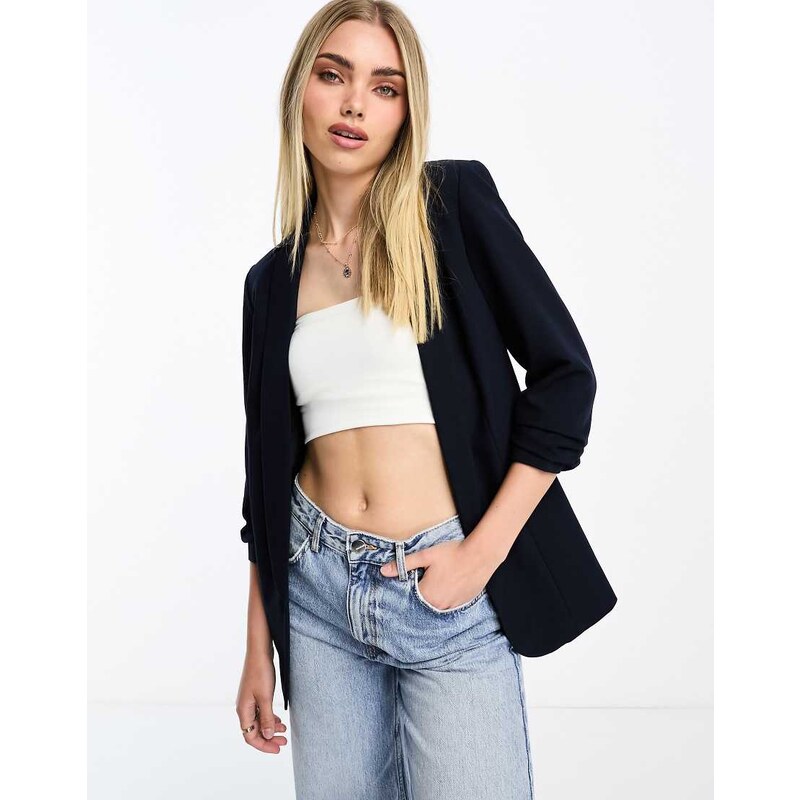Pieces ruched sleeve blazer in navy 115533566