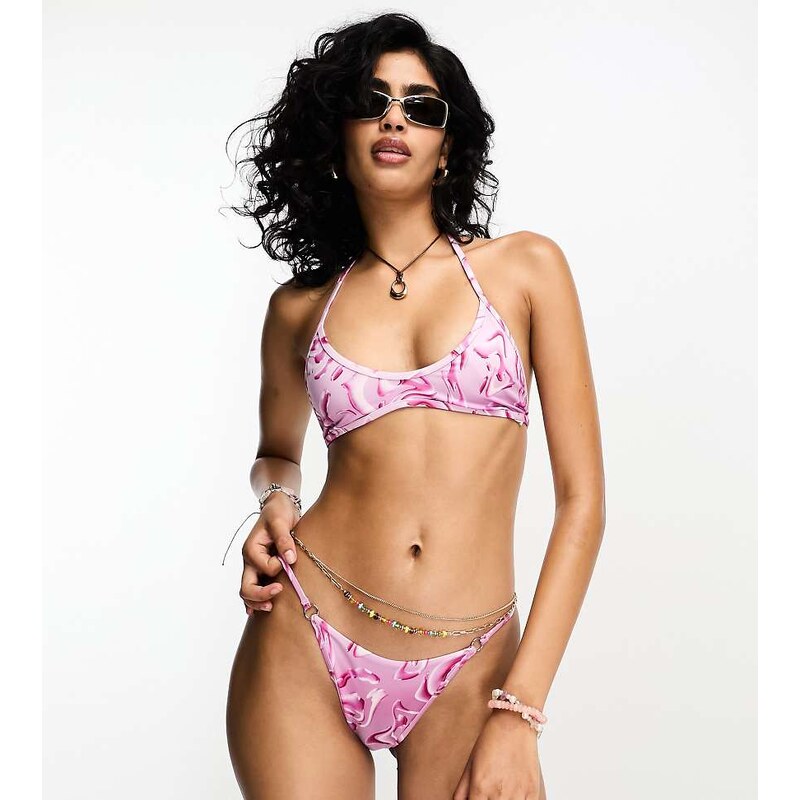 Weekday Deep tanga bikini bottom in pink ripple print exclusive