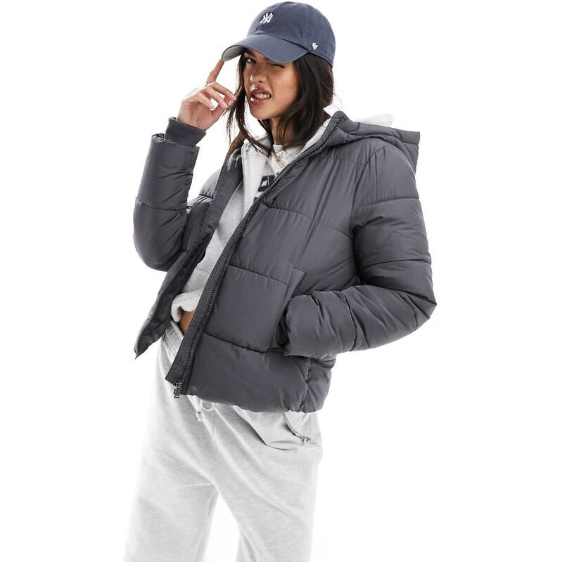 Pieces padded coat with hood in charcoal grey