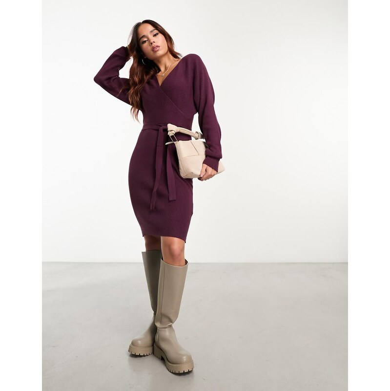 Vero Moda wrap belted long sleeve knitted mini dress in burgundy