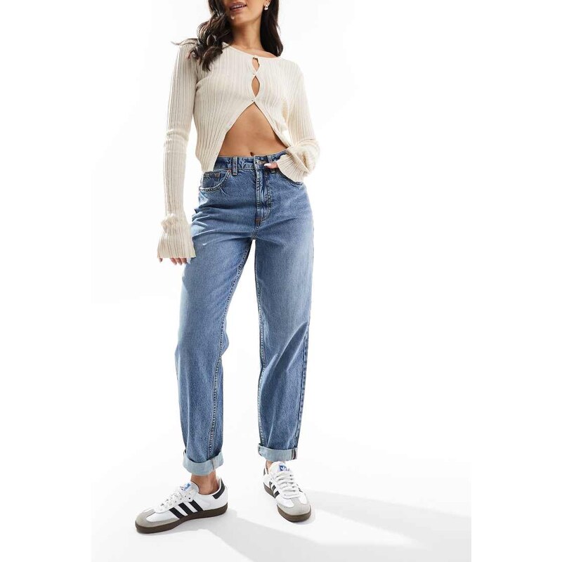 ASOS DESIGN high rise relaxed mom jeans in mid blue 111259088