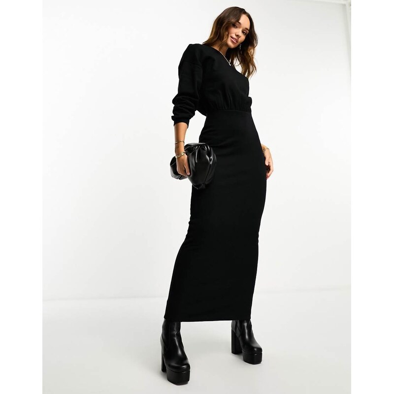 ASOS DESIGN crew neck blouson sleeve ribbed maxi dress in black 100061616