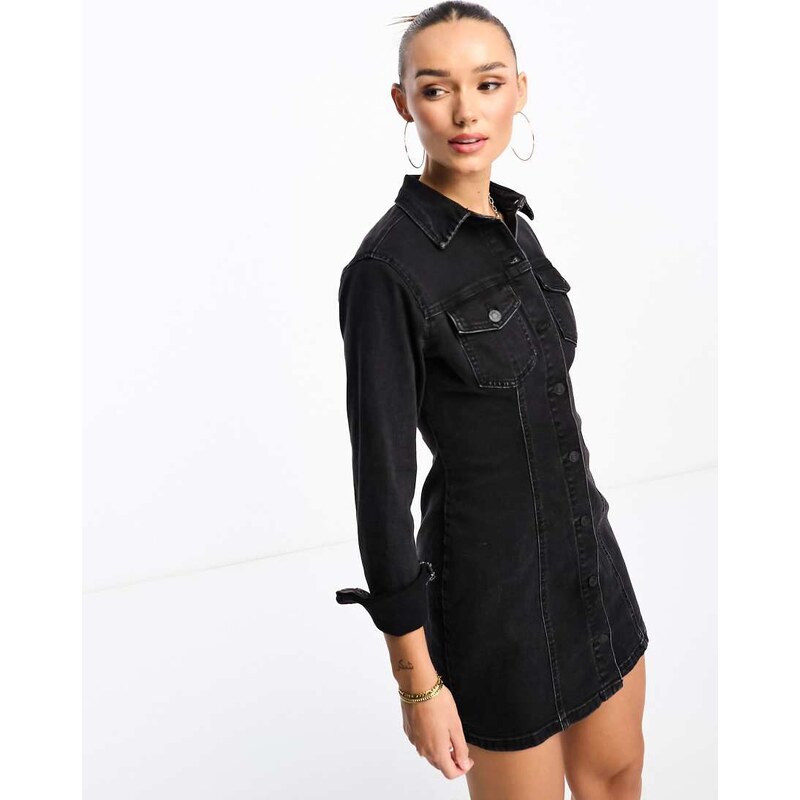 ASOS DESIGN denim long sleeve fitted shirt dress in black