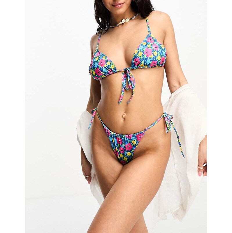 Monki co-ord floral print side tie up bikini thong in multi