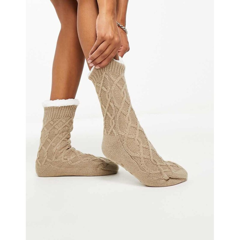 Loungeable cosy cable knit slipper sock in beige-Neutral 100063280