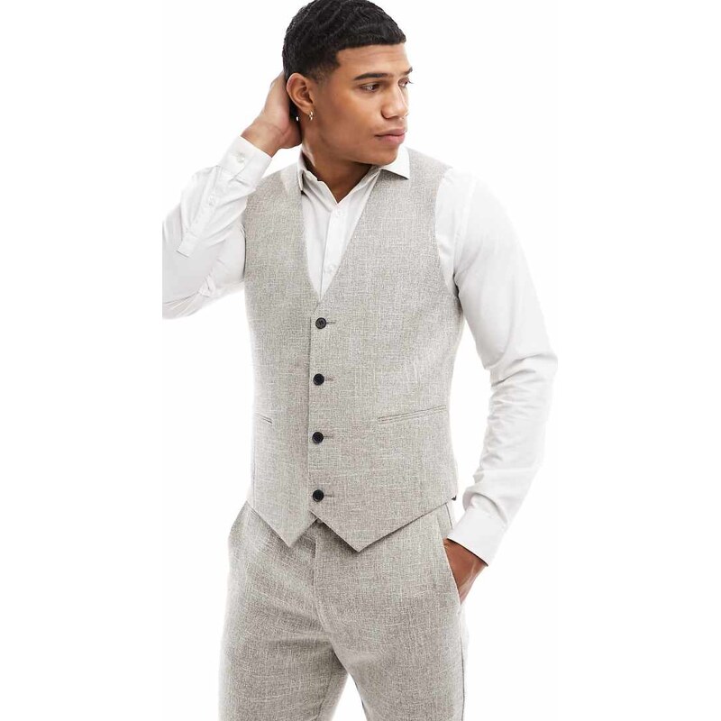 ASOS DESIGN skinny suit waistcoat in beige microtexture-Neutral