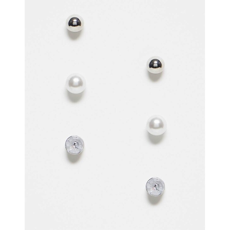 Pieces 3 pack pearl & diamante stud earrings in silver & white-Multi 100063718