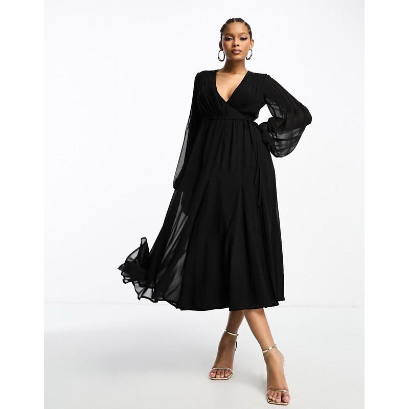 ASOS DESIGN wrap balloon sleeve midi dress with tie waist detail
