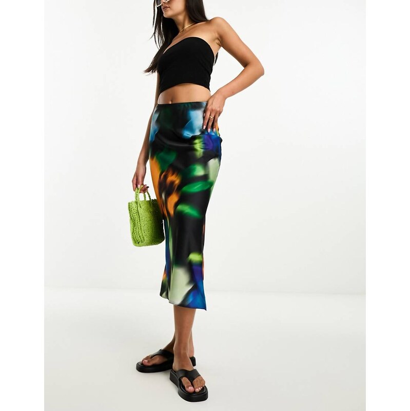 ASOS DESIGN satin bias midi skirt in abstract print-Multi