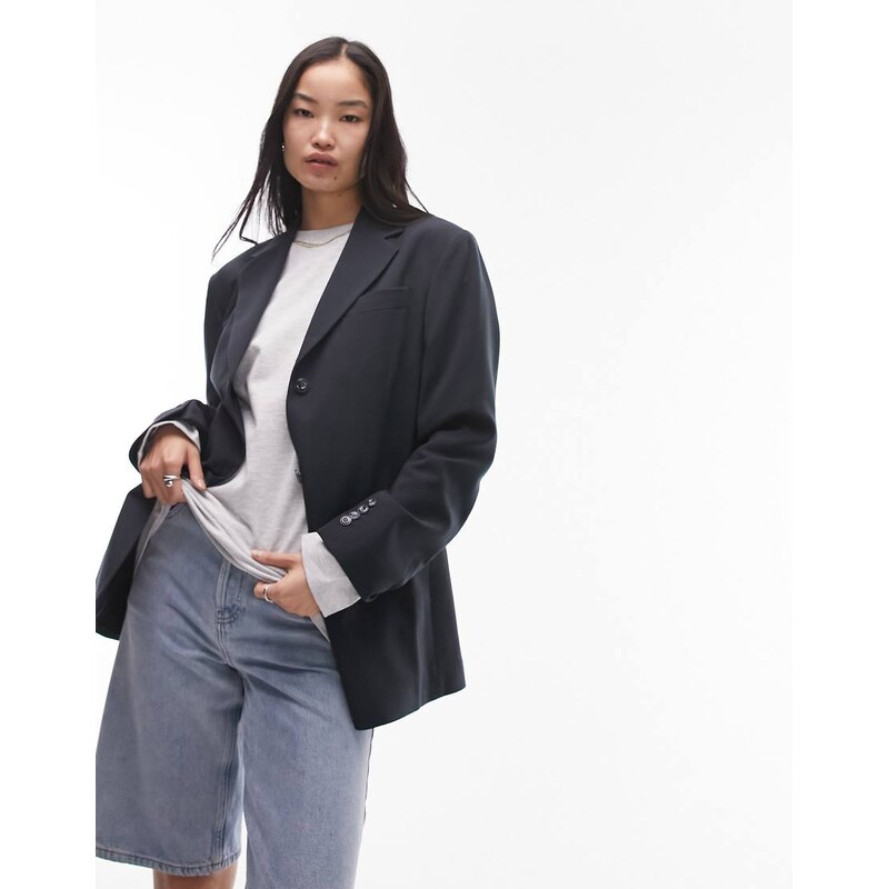 Topshop co-ord oversized strong shoulder blazer in petrol-Black