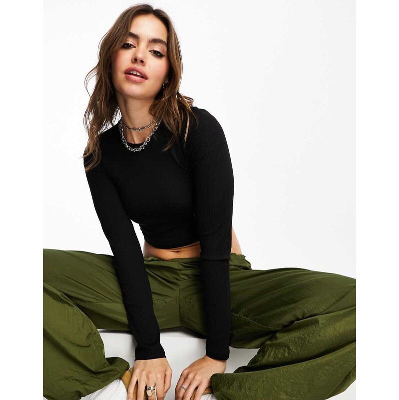 Monki long sleeve ribbed top in black