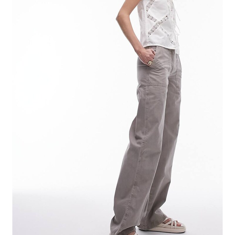 Topshop Tall low rise washed straight leg trouser in taupe-Grey 100064320