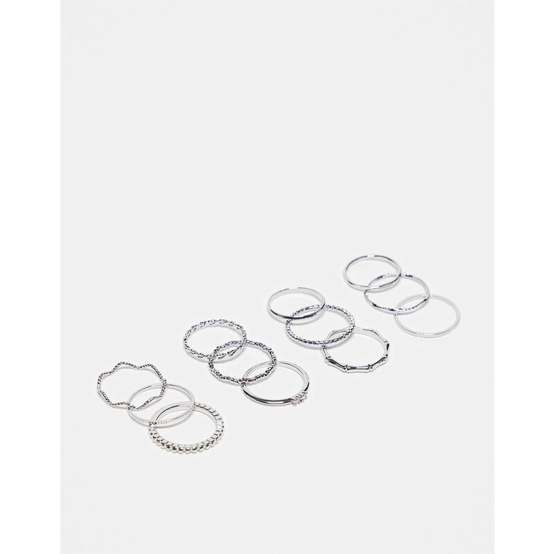 ASOS DESIGN pack of 12 rings with twist details and engraved