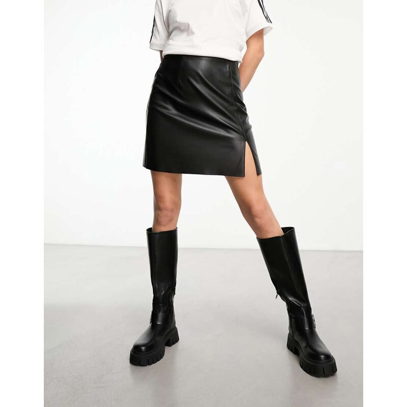 Noisy May faux leather mini skirt with slit in black