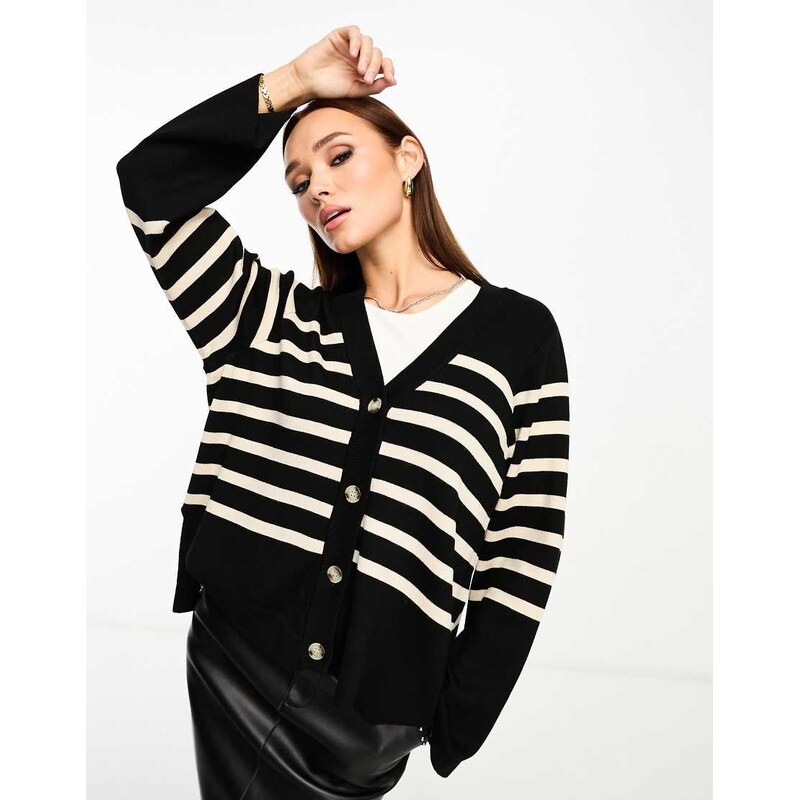 Object button through knitted cardigan in black with beige stripe 115498402