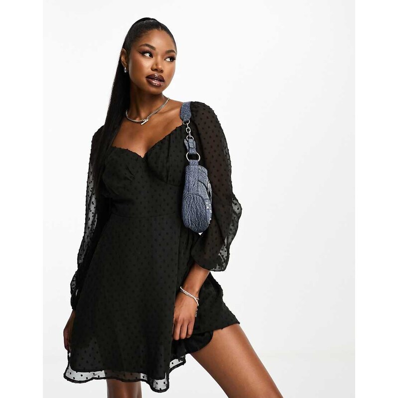 I Saw It First sweetheart neckline mini skater dress in black spot 100627298