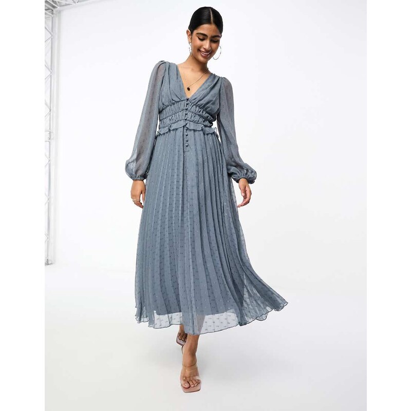 ASOS DESIGN button through ruched waist pleated midi dress in metallic 100065522