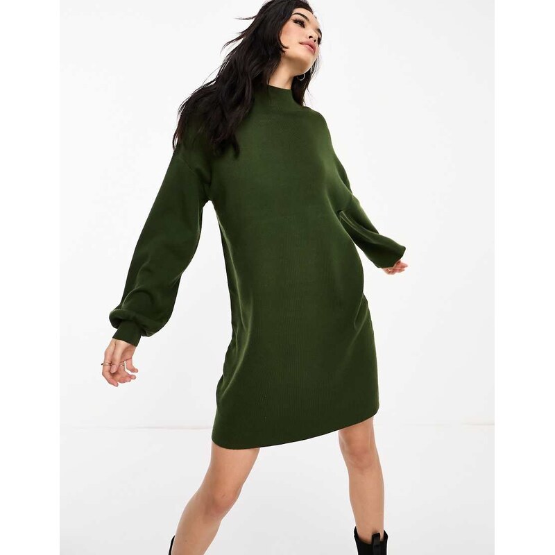 Vero Moda knitted funnel neck mini dress in khaki-Green 100065576