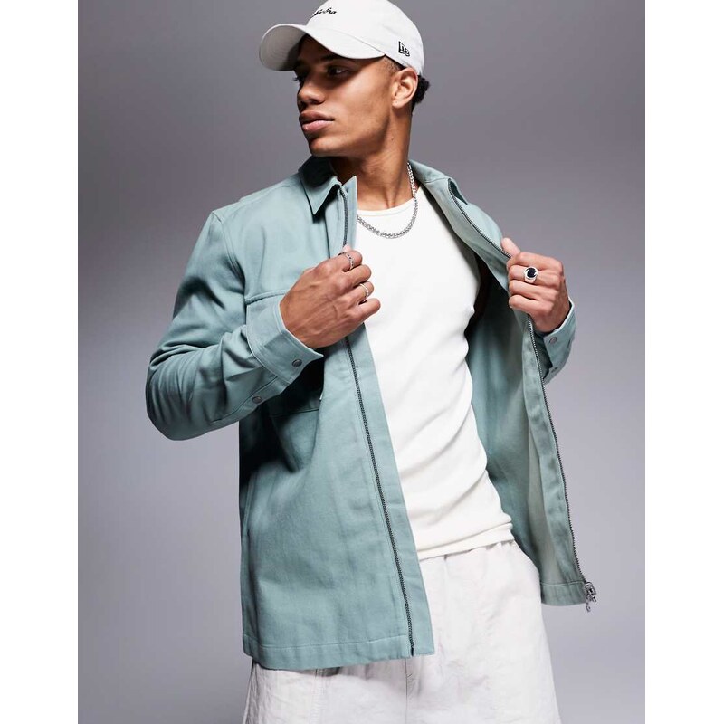 ASOS DESIGN twill zip through overshirt in sage green