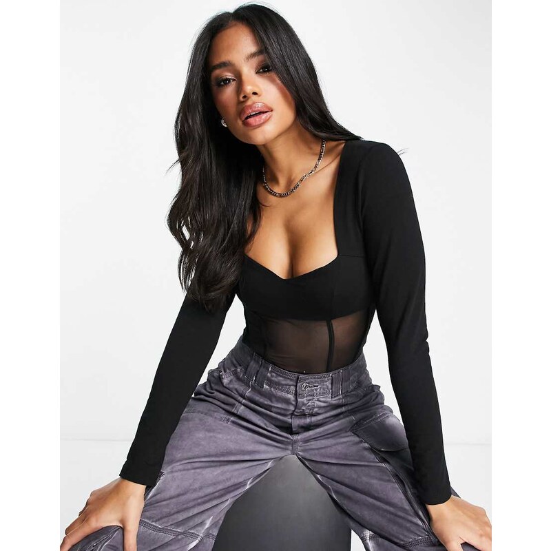 ASOS DESIGN corset style sweetheart neck mesh bodysuit in black