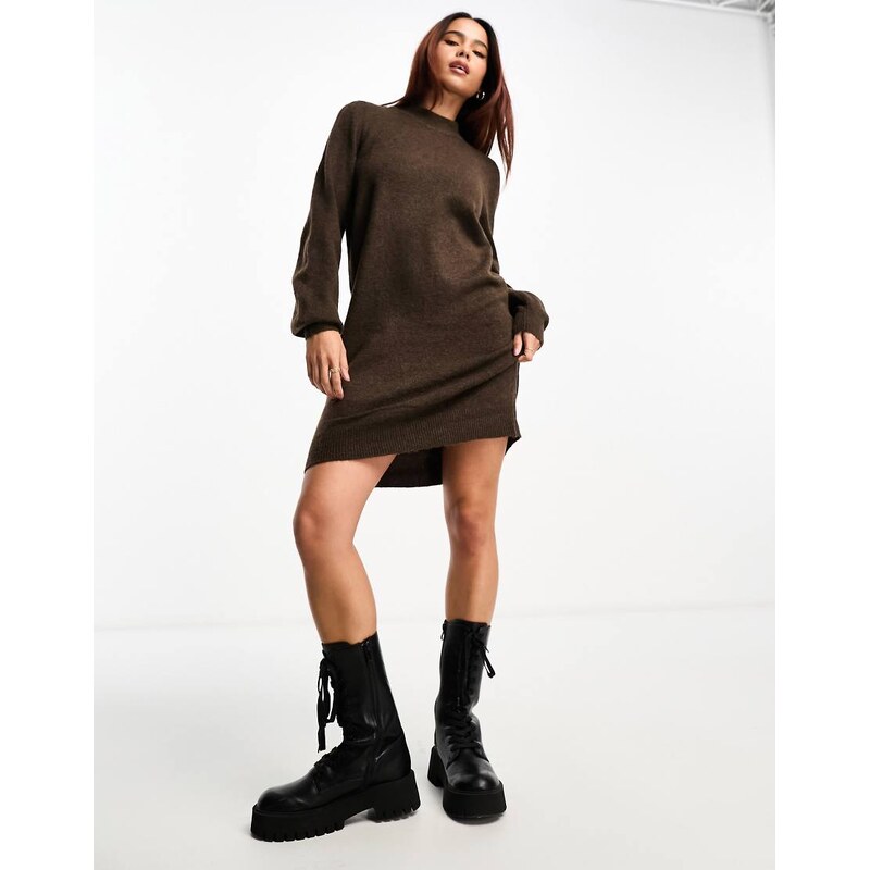 JDY puff sleeve knitted mini jumper dress in chocolate-Brown