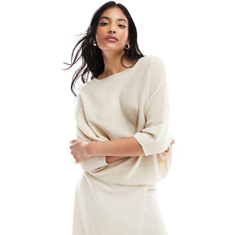 JDY bat sleeve ribbed jumper in cream-White