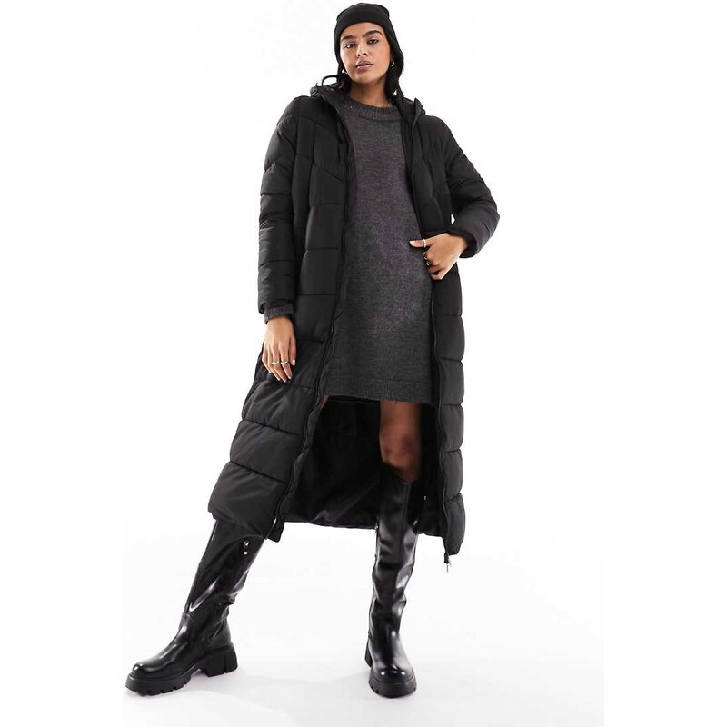 Noisy May longline padded coat with hood in black